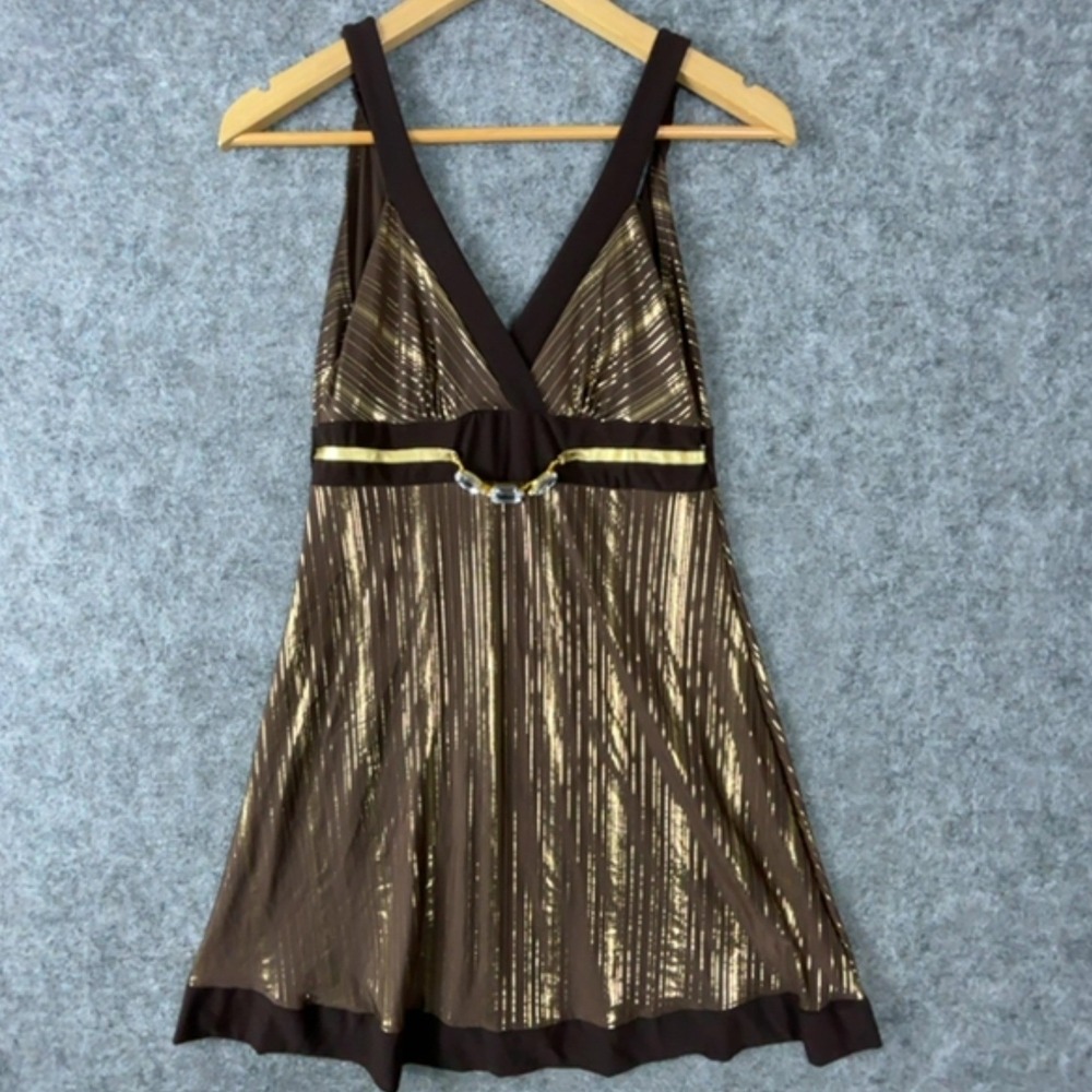 Vintage Twin Mini Dress Womens Medium Babydoll Brown Gold Metallic Y2K Jewels